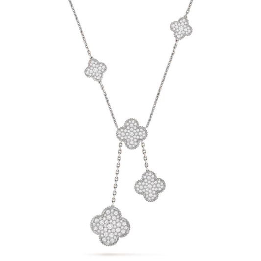 Magic Alhambra necklace, 6 motifs, rhodium plated 18K white gold, round diamonds