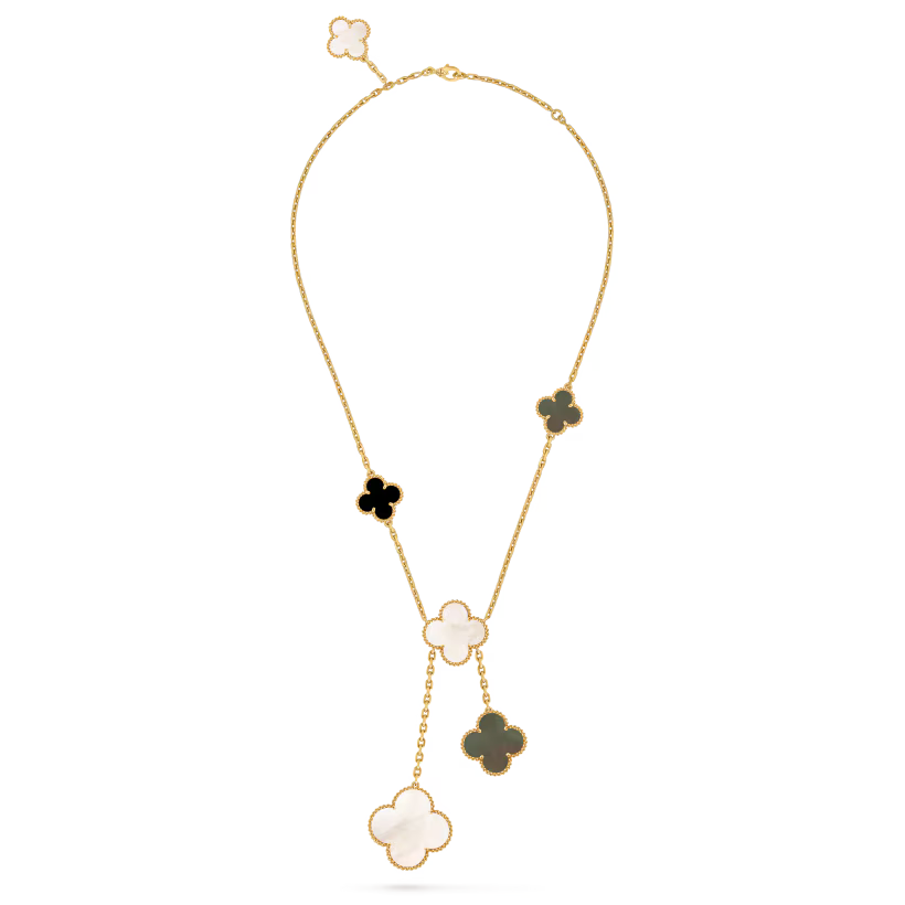 Magic Alhambra necklace, 6 motifs, 18K yellow gold, white and gray mother-of-pearl, onyx.