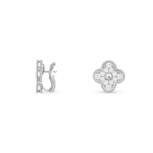 Vintage Alhambra earrings, rhodium plated 18K white gold, round diamonds