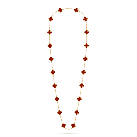 Vintage Alhambra long necklace, 20 motifs, 18K yellow gold, carnelian.