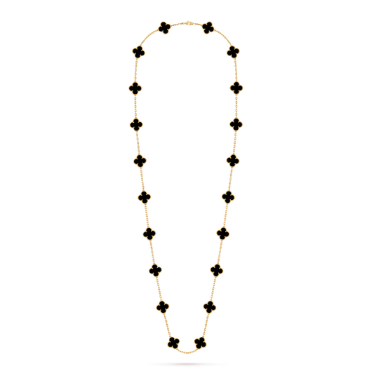 Vintage Alhambra long necklace, 20 motifs, 18K yellow gold, onyx.