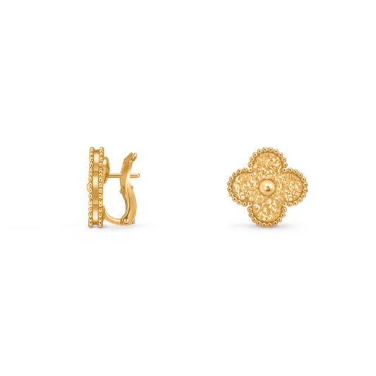 Vintage Alhambra earrings, textured 18K yellow gold.