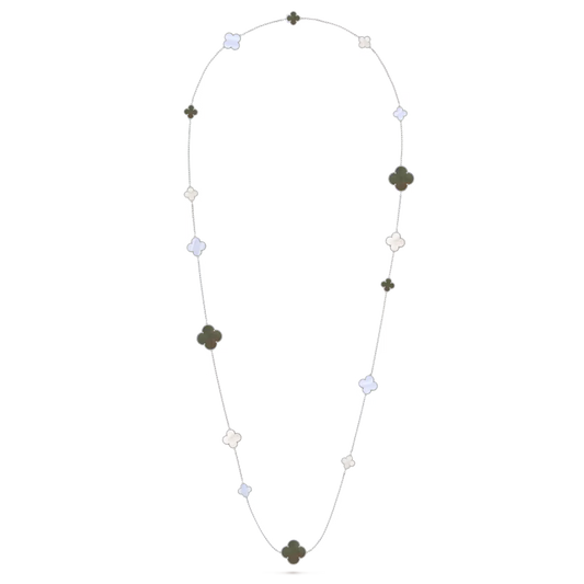 Magic Alhambra long necklace, 16 motifs, rhodium plated 18K white gold, white and gray mother-of-pearl, chalcedony.