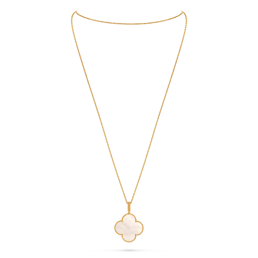 Magic Alhambra long necklace 1 motif, 18K yellow gold, white mother-of-pearl.