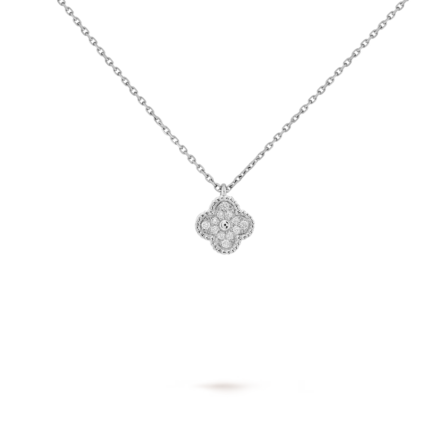 Sweet Alhambra pendant, rhodium plated 18K white gold, round diamonds