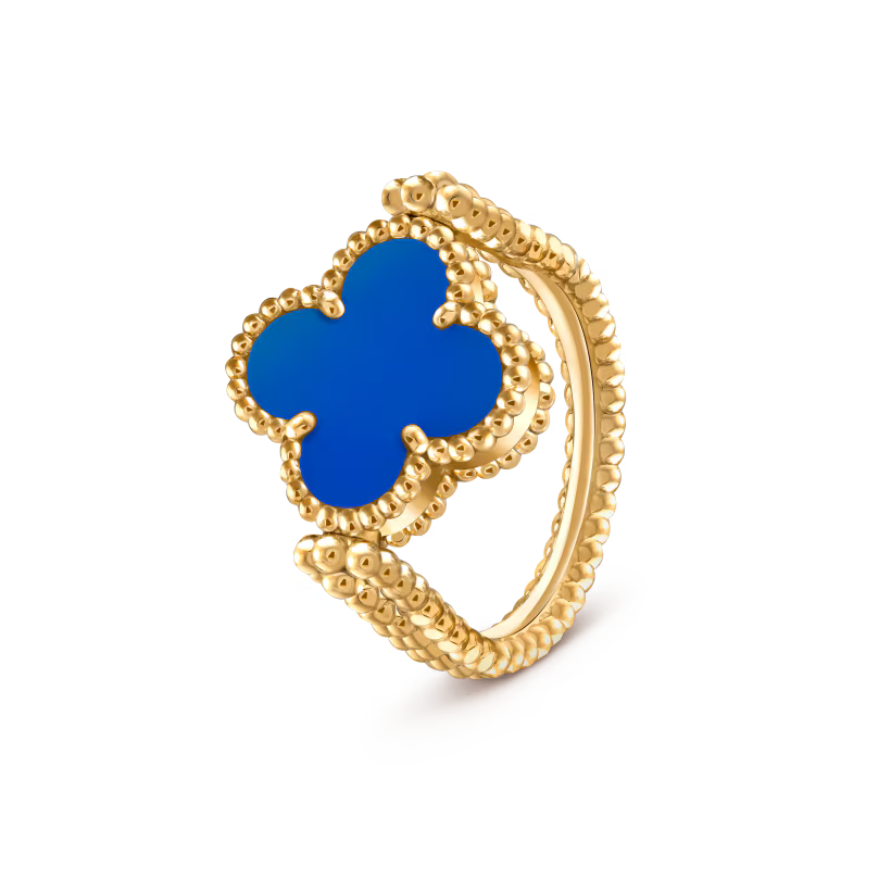 Vintage Alhambra reversible ring, guilloché 18k yellow gold, blue agate, diamond
