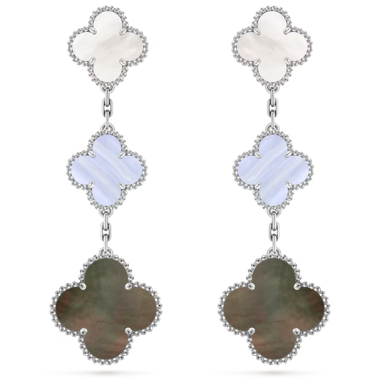Magic Alhambra earrings, 3 motifs, rhodium plated 18K white gold, white and gray mother-of-pearl, chalcedony.