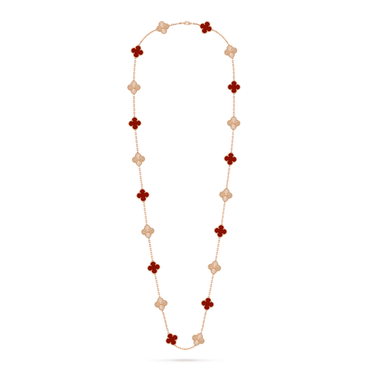 Vintage Alhambra long necklace, 20 motifs, guilloché 18K rose gold, carnelian.