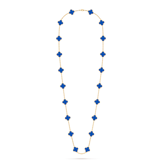 Vintage Alhambra long necklace, 20 motifs, 18K yellow gold, blue agate.