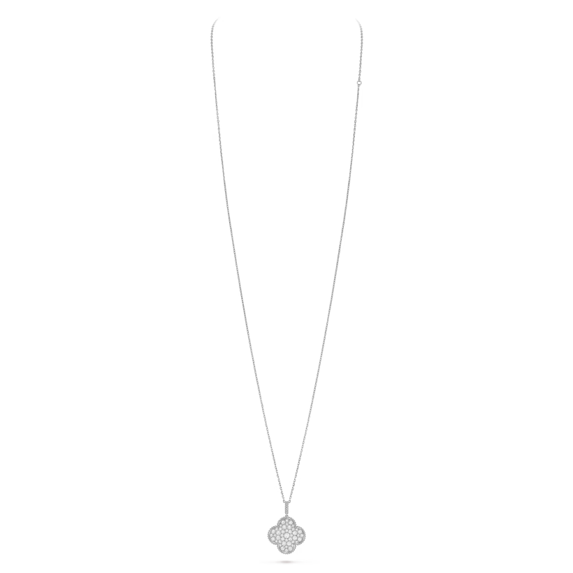 Magic Alhambra long necklace 1 motif, rhodium plated 18K white gold, paved diamonds.