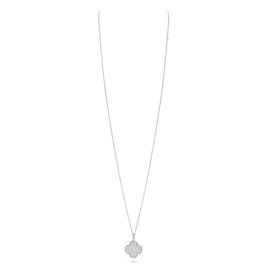Magic Alhambra long necklace 1 motif, rhodium plated 18K white gold, paved diamonds.