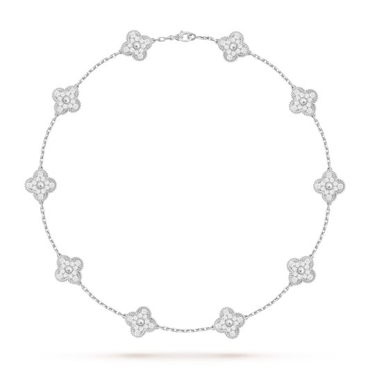 Vintage Alhambra necklace, 10 motifs, rhodium plated 18K white gold, round diamonds