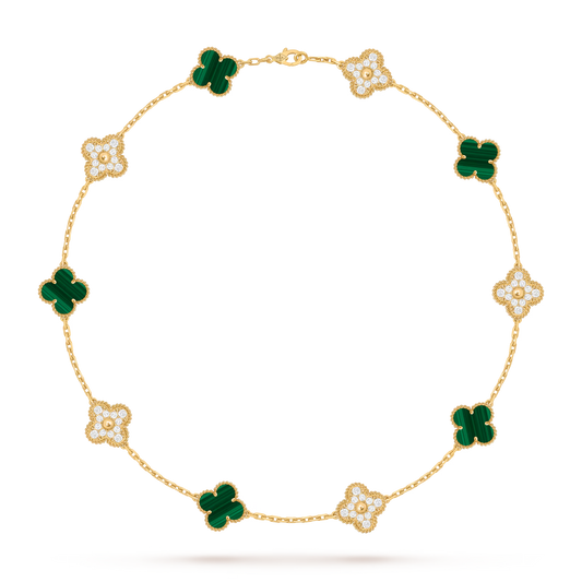 Vintage Alhambra necklace, 10 motifs, 18K yellow gold, malachite, round diamonds