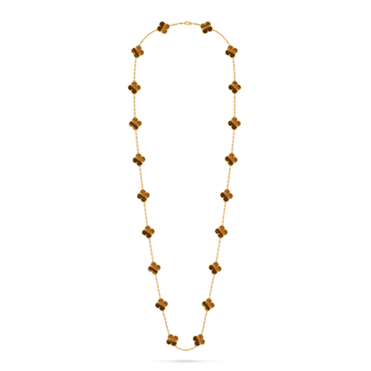Vintage Alhambra long necklace, 20 motifs, 18K yellow gold, tiger’s eye.
