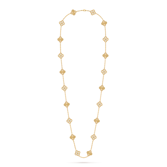 Vintage Alhambra long necklace, 20 motifs, guilloché 18K yellow gold, round diamonds