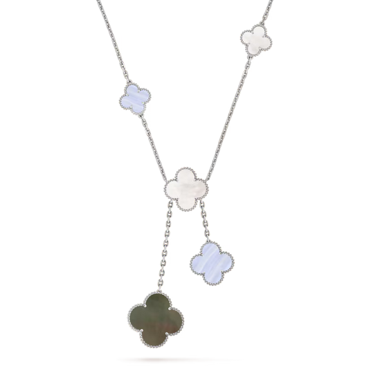 Magic Alhambra necklace, 6 motifs, rhodium plated 18K white gold, white and gray mother-of-pearl, chalcedony.