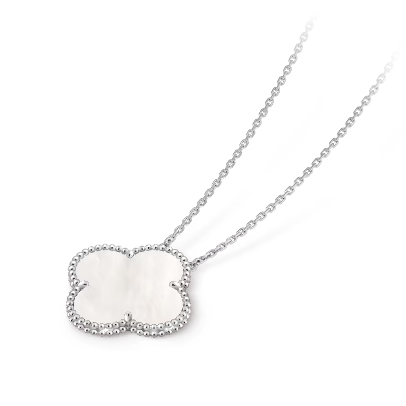 Magic Alhambra pendant, rhodium plated 18K white gold, white mother-of-pearl.