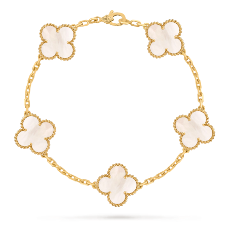 Vintage Alhambra bracelet, 5 motifs 18K yellow gold, Mother-of-pearl