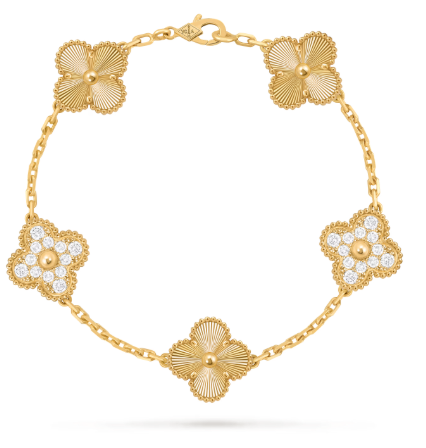 Vintage Alhambra bracelet, 5 motifs, guilloché 18K yellow gold, diamonds