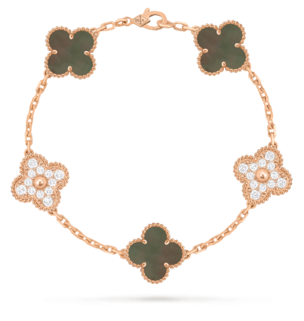 Vintage Alhambra bracelet, 5 motifs, 18K rose gold, gray mother-of-pearl, round diamonds