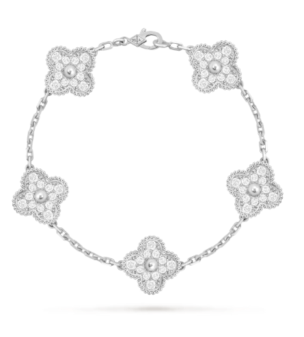 Vintage Alhambra bracelet, 5 motifs, rhodium plated 18K white gold, round diamonds