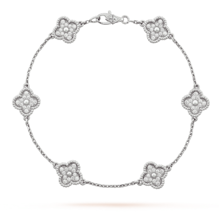 Sweet Alhambra bracelet, 6 motifs, rhodium plated 18K white gold, round diamonds