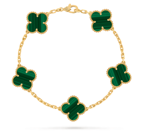 Vintage Alhambra bracelet, 5 motifs, 18K yellow gold, malachite.