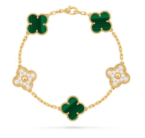 Vintage Alhambra bracelet, 5 motifs, 18K yellow gold, malachite, round diamonds