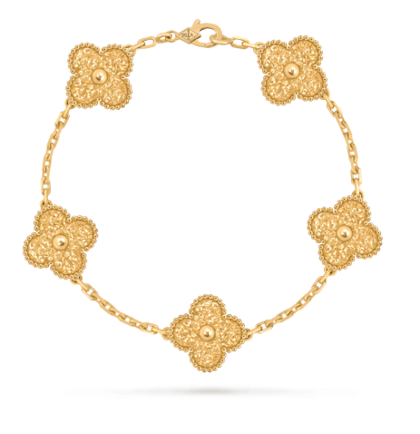 Vintage Alhambra bracelet, 5 motifs, textured 18K yellow gold.