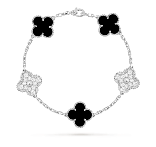 Vintage Alhambra bracelet, 5 motifs, 18K white gold, onyx, round diamonds