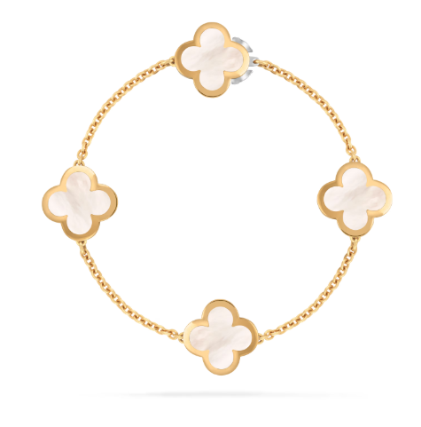 Pure Alhambra bracelet, 4 motifs, 18K yellow gold, white mother-of-pearl.