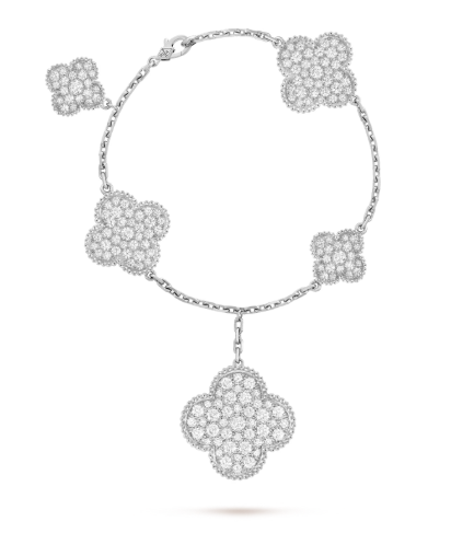 Magic Alhambra bracelet, 5 motifs, rhodium plated 18K white gold, round diamonds