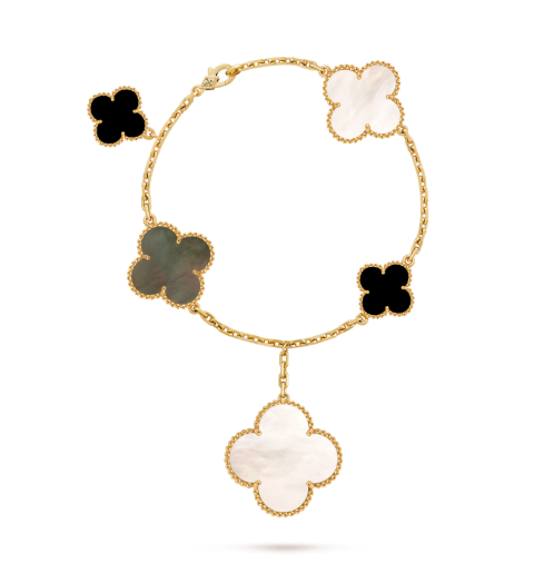Magic Alhambra bracelet, 5 motifs, 18K yellow gold, white and gray mother-of-pearl, onyx.