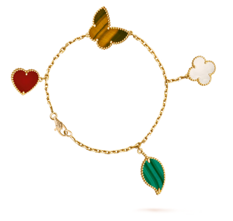 Lucky Alhambra bracelet, 4 motifs, 18K yellow gold, carnelian, tiger’s eye, white mother-of-pearl, malachite.