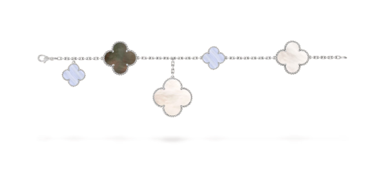 Magic Alhambra bracelet, 5 motifs, 18K white gold, white and gray mother-of-pearl, chalcedony.