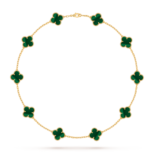 Vintage Alhambra necklace, 10 motifs, 18K yellow gold, malachite.