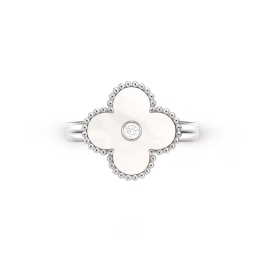 Vintage Alhambra ring, rhodium plated 18K white gold, white mother-of-pearl, round diamond