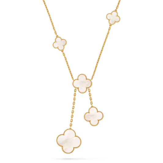 Magic Alhambra necklace, 6 motifs, 18K yellow gold, white mother-of-pearl.