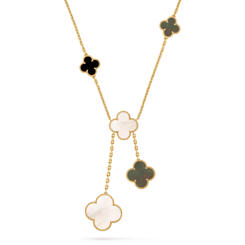 Magic Alhambra necklace, 6 motifs, 18K yellow gold, white and gray mother-of-pearl, onyx.