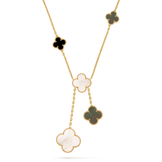 Magic Alhambra necklace, 6 motifs, 18K yellow gold, white and gray mother-of-pearl, onyx.
