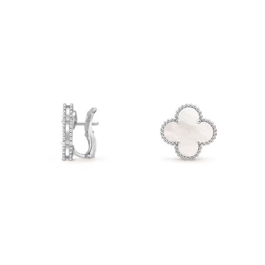 Vintage Alhambra earrings, rhodium plated 18K white gold, white mother-of-pearl.