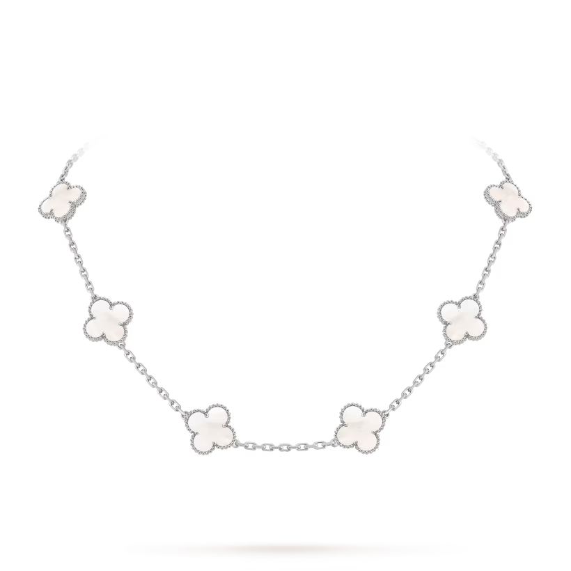 Vintage Alhambra necklace, 10 motifs, rhodium plated 18K white gold, white mother-of-pearl.