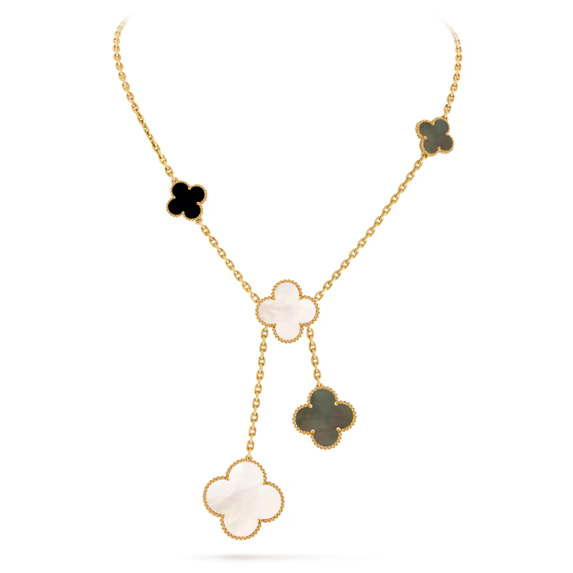 Magic Alhambra necklace, 6 motifs, 18K yellow gold, white and gray mother-of-pearl, onyx.