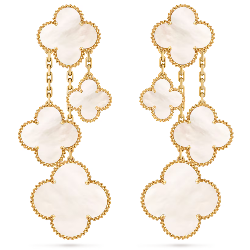 Magic Alhambra earrings, 4 motifs, 18K yellow gold, white mother-of-pearl.