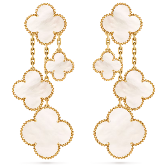 Magic Alhambra earrings, 4 motifs, 18K yellow gold, white mother-of-pearl.