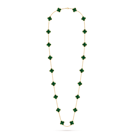 Vintage Alhambra long necklace, 20 motifs, 18K yellow gold, malachite.