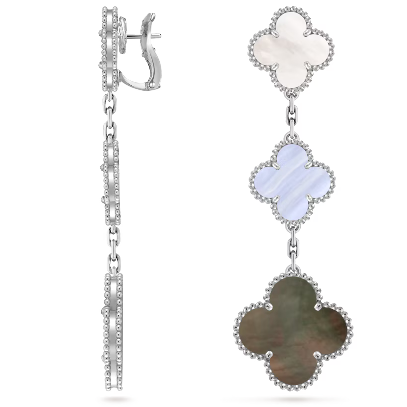 Magic Alhambra earrings, 3 motifs, rhodium plated 18K white gold, white and gray mother-of-pearl, chalcedony.