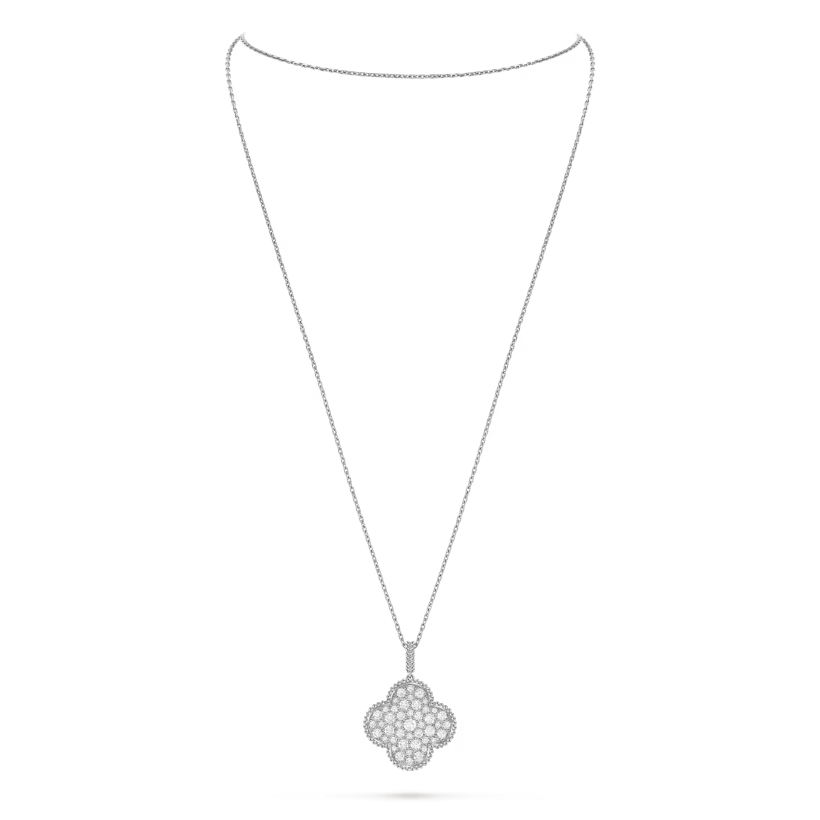 Magic Alhambra long necklace 1 motif, rhodium plated 18K white gold, paved diamonds.