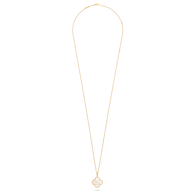 Magic Alhambra long necklace 1 motif, 18K yellow gold, white mother-of-pearl.