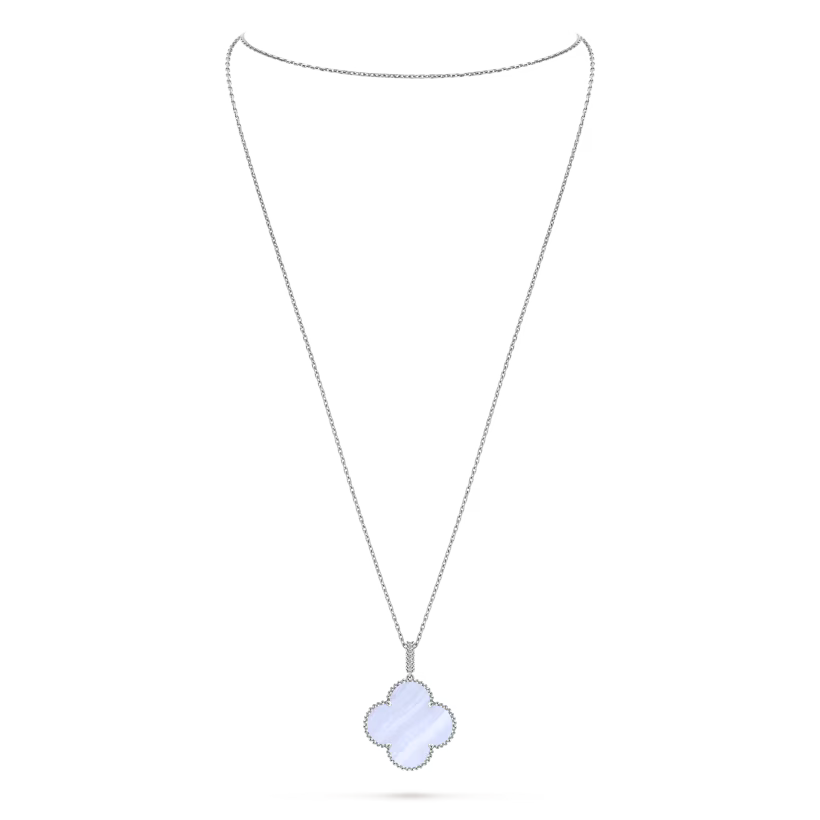Magic Alhambra long necklace, 1 motif, rhodium plated 18K white gold, chalcedony.